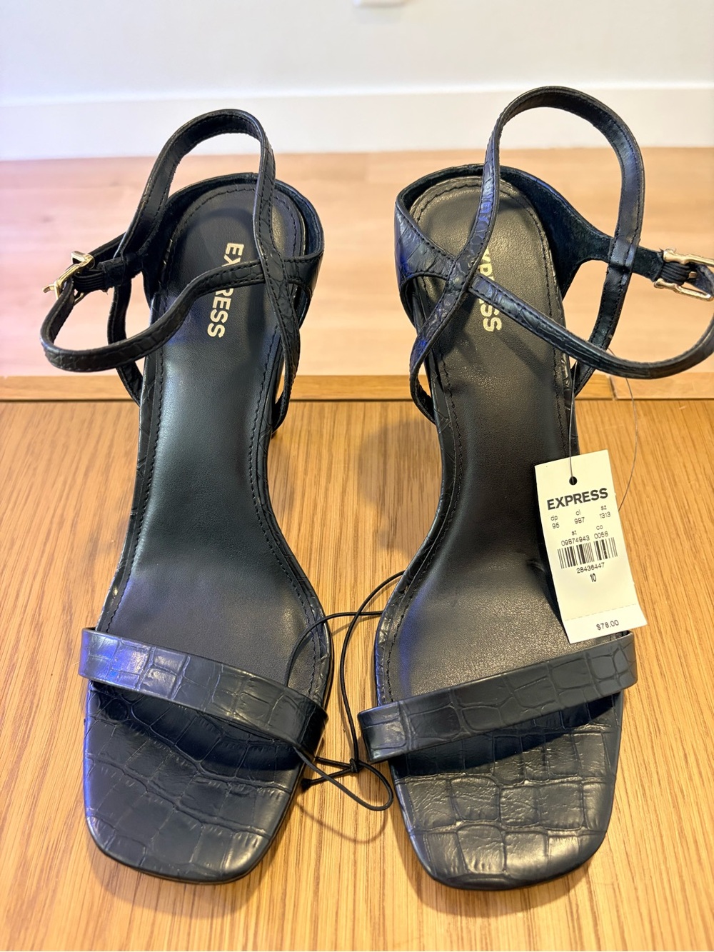 Express Black Croc-Embossed Ankle Strap Block Heels